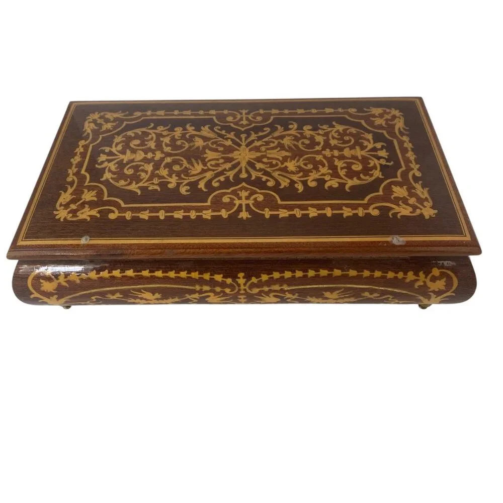 Vintage Wooden Inlaid Music Jewelry Box Ornate‎ Floral Design Red Velvet MCM